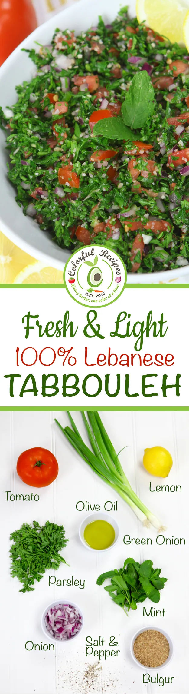 Pinterest graphic for fresh and light 100% authentic Lebanese tabbouleh