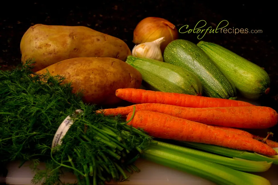 Carrot potato zucchini soup ingredients: potatoes, carrots, zucchini, celery, dill, onion and garlic