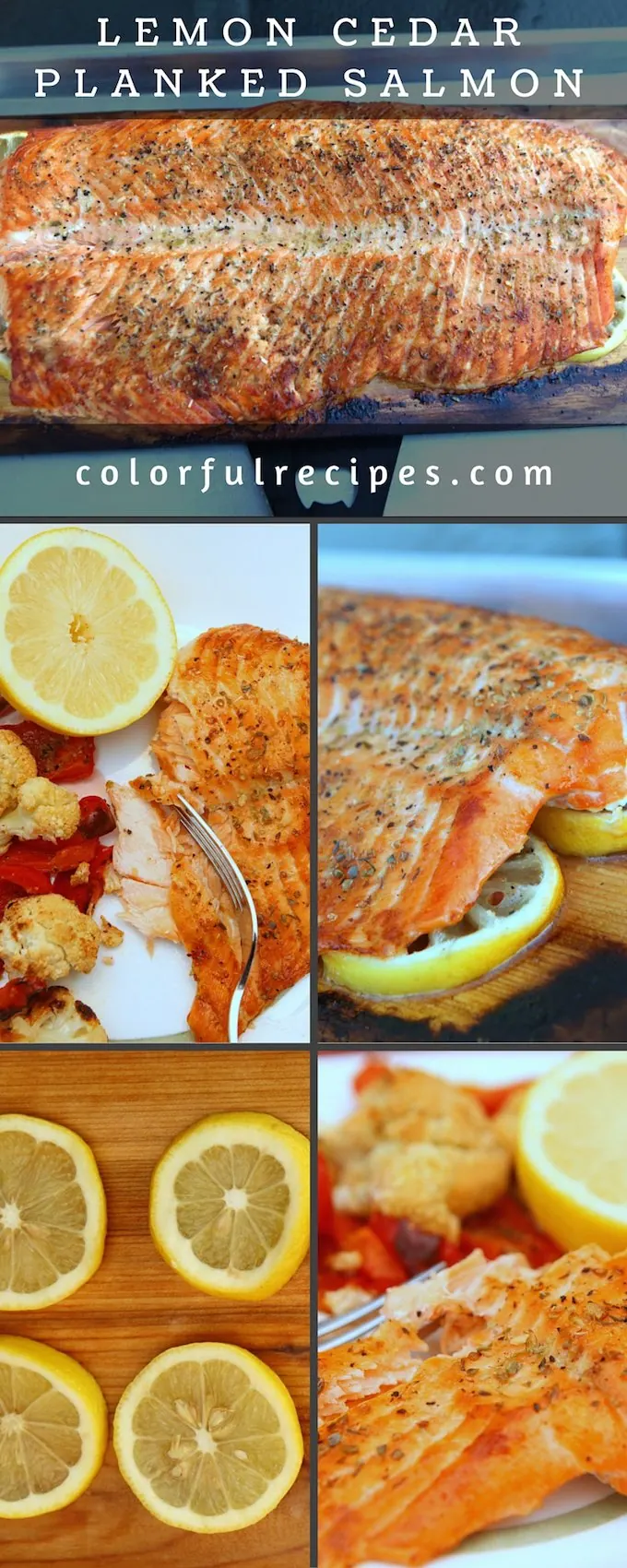 Lemon cedar planked salmon collage with grilled salmon fillet, lemon slices and roasted vegetables