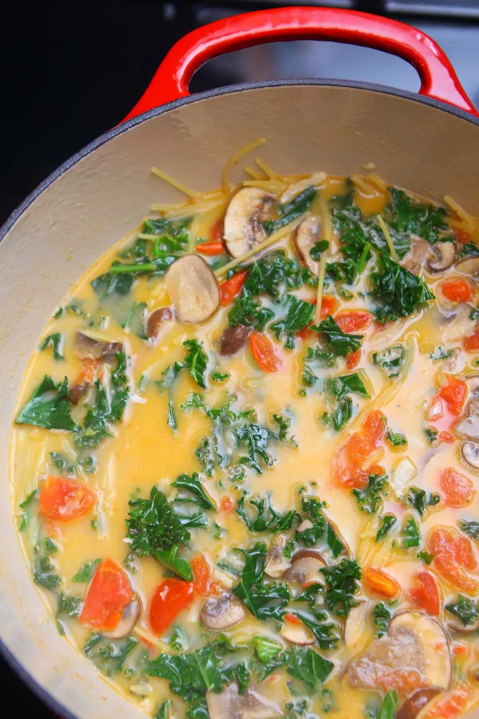 One pot kale mushroom pasta simmering with tomatoes and spaghetti in a red pot