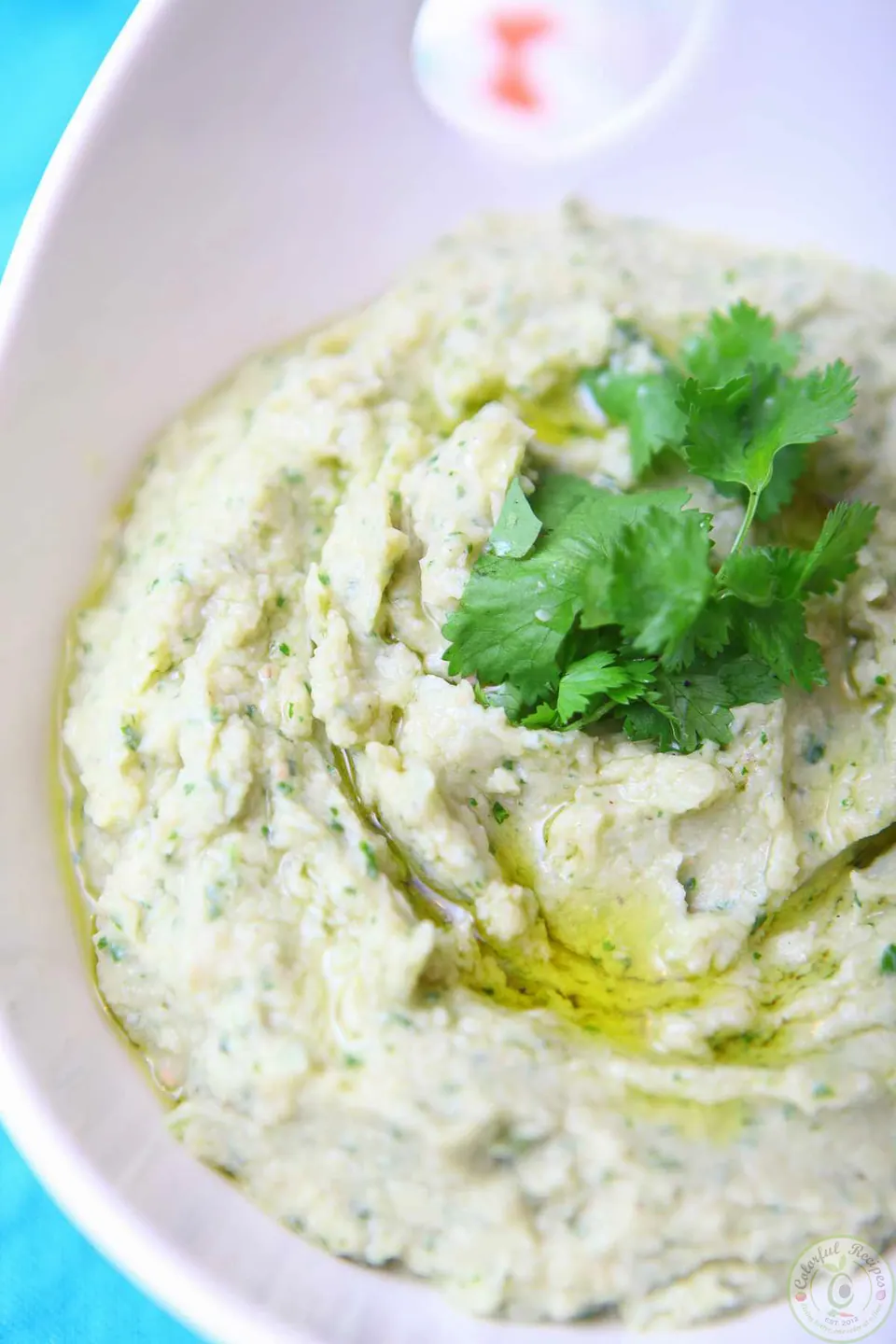 Cilantro white bean artichoke dip topped with fresh cilantro and a drizzle of olive oil