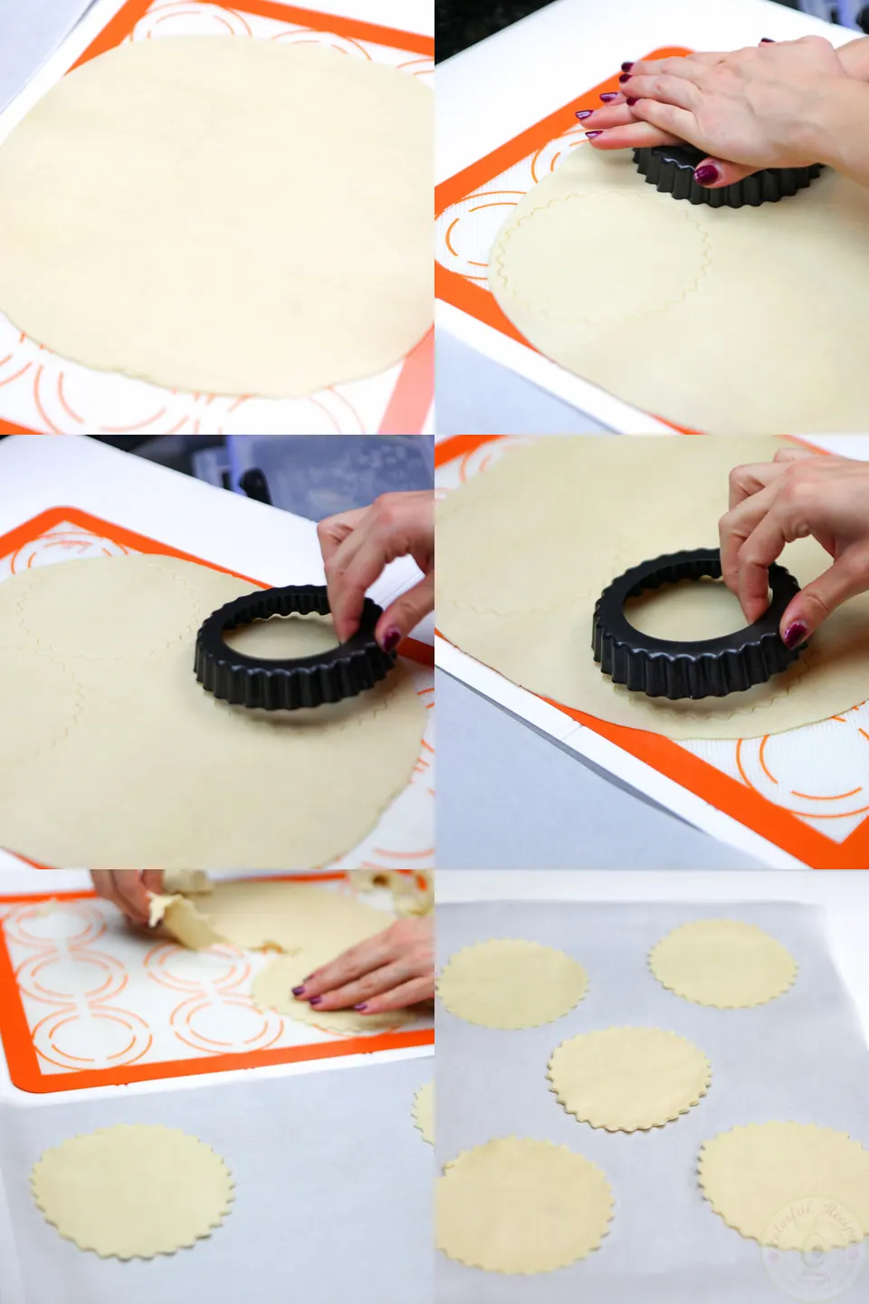 Cutting rounds of pie crust with a mini quiche pan for mini French apple tarts