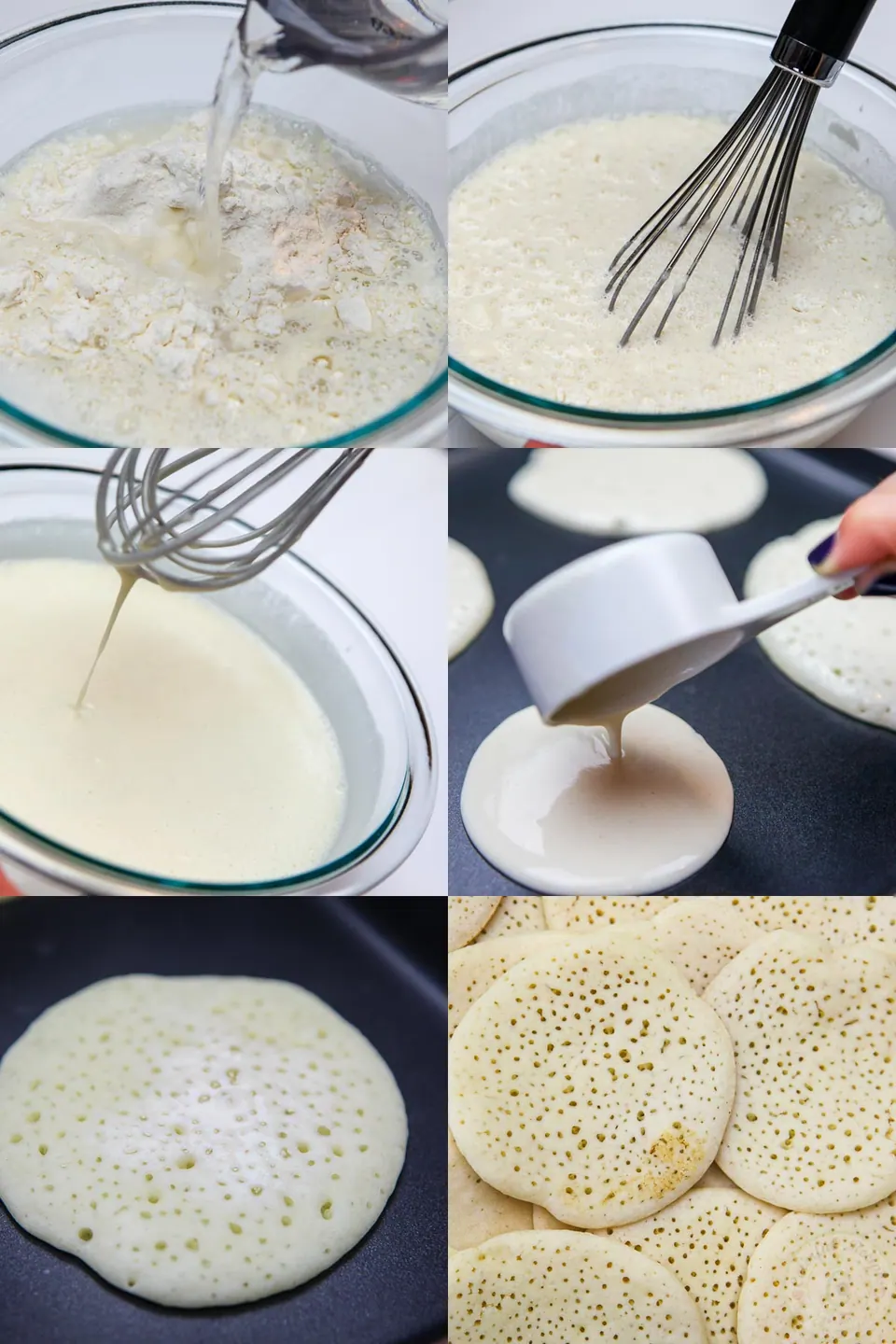 Atayef mini-pancakes cooking on one side on a griddle