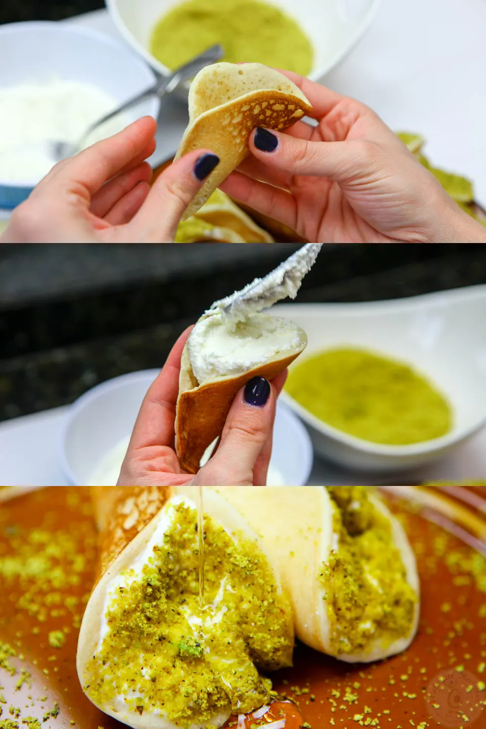 Atayef pancakes pinched halfway closed and filled with ricotta