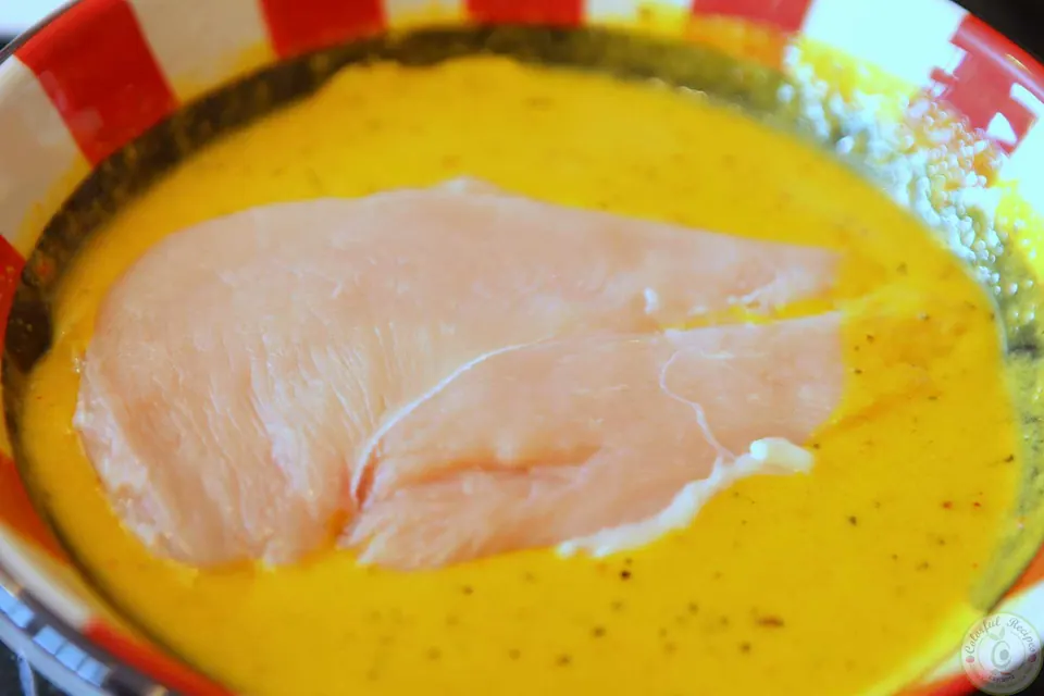 Chicken breast dipped in mustard and zesty Italian dressing mixture