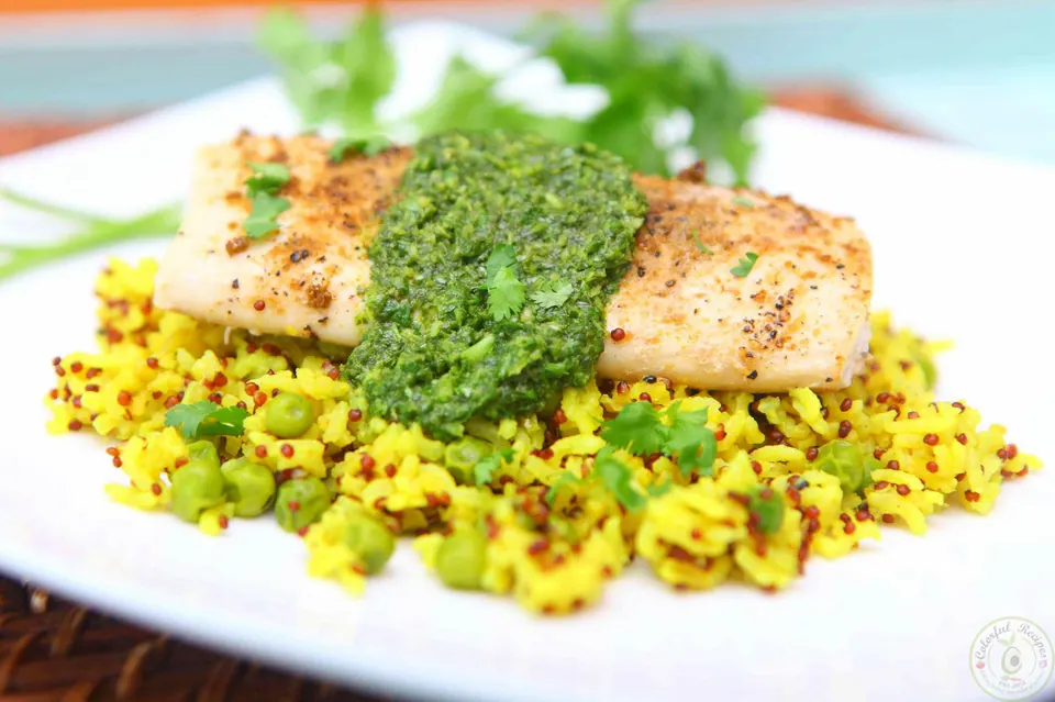 Mahi-mahi fillet topped with green cilantro chutney