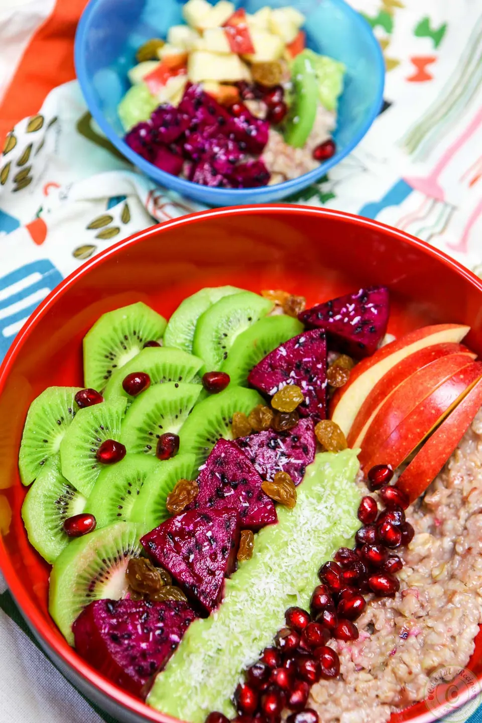 Exotic fruit oatmeal bowl topped with dragon fruit, kiwi, pomegranate and coconut flakes
