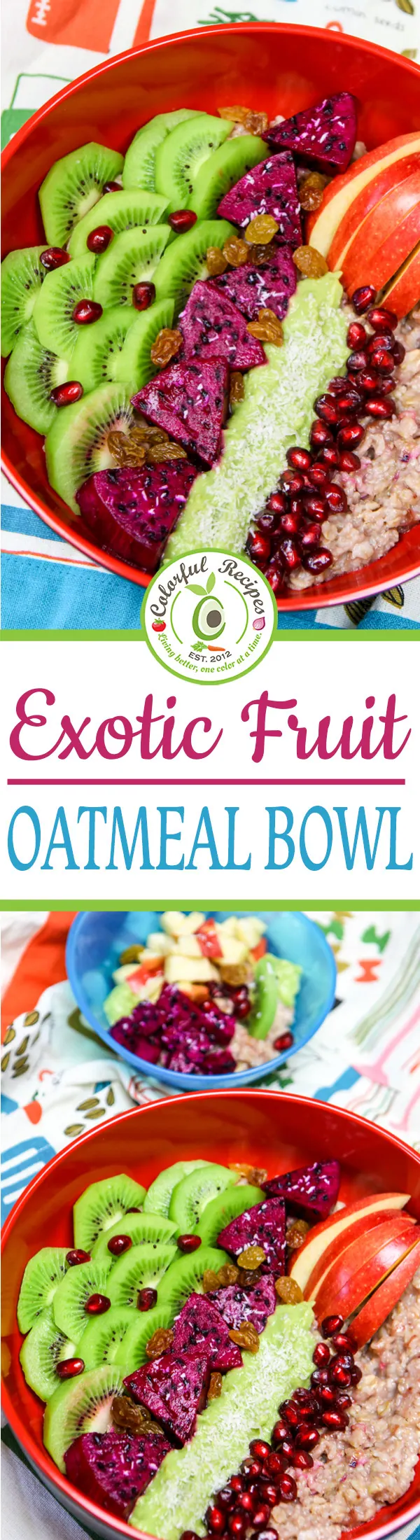 Overhead view of an exotic fruit oatmeal bowl with pomegranate seeds and raisins