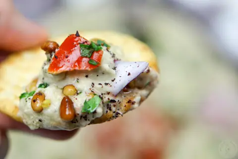 Lebanese baba ghanouj eggplant dip topped with tomatoes, parsley, pine nuts and radishes