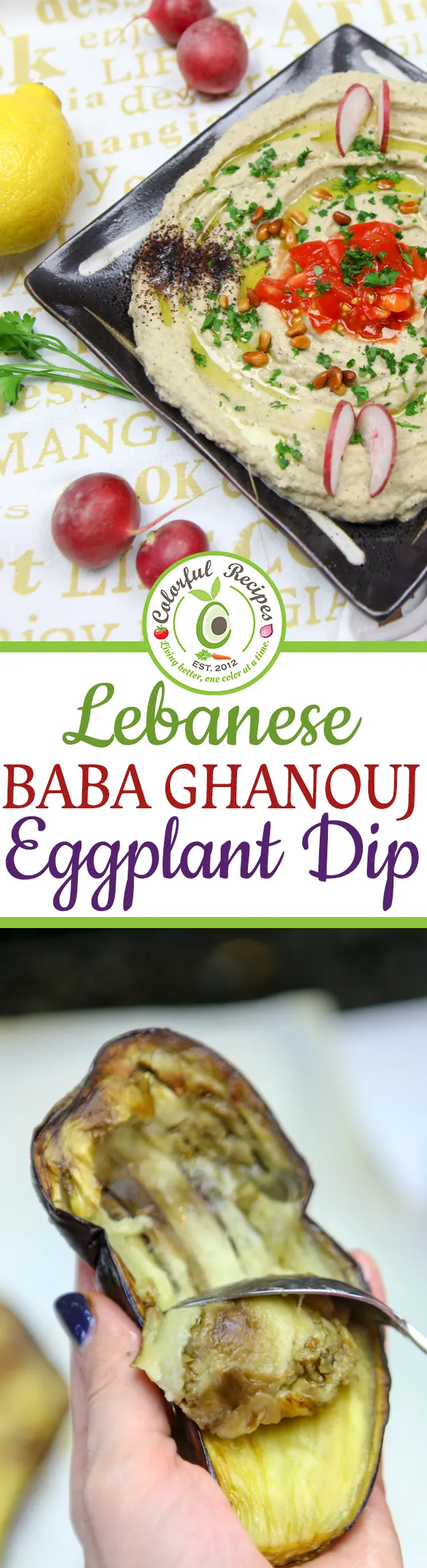 Pinterest image of Lebanese baba ghanouj eggplant dip with roasted eggplant