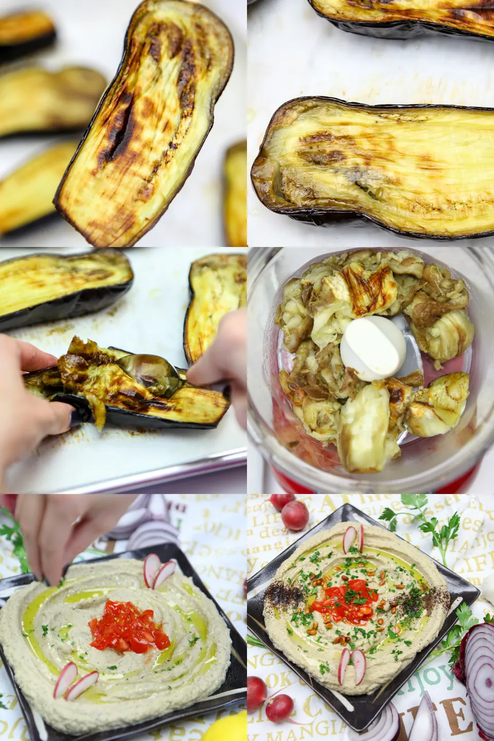 Step-by-step photos of making Lebanese baba ghanouj eggplant dip in a food processor