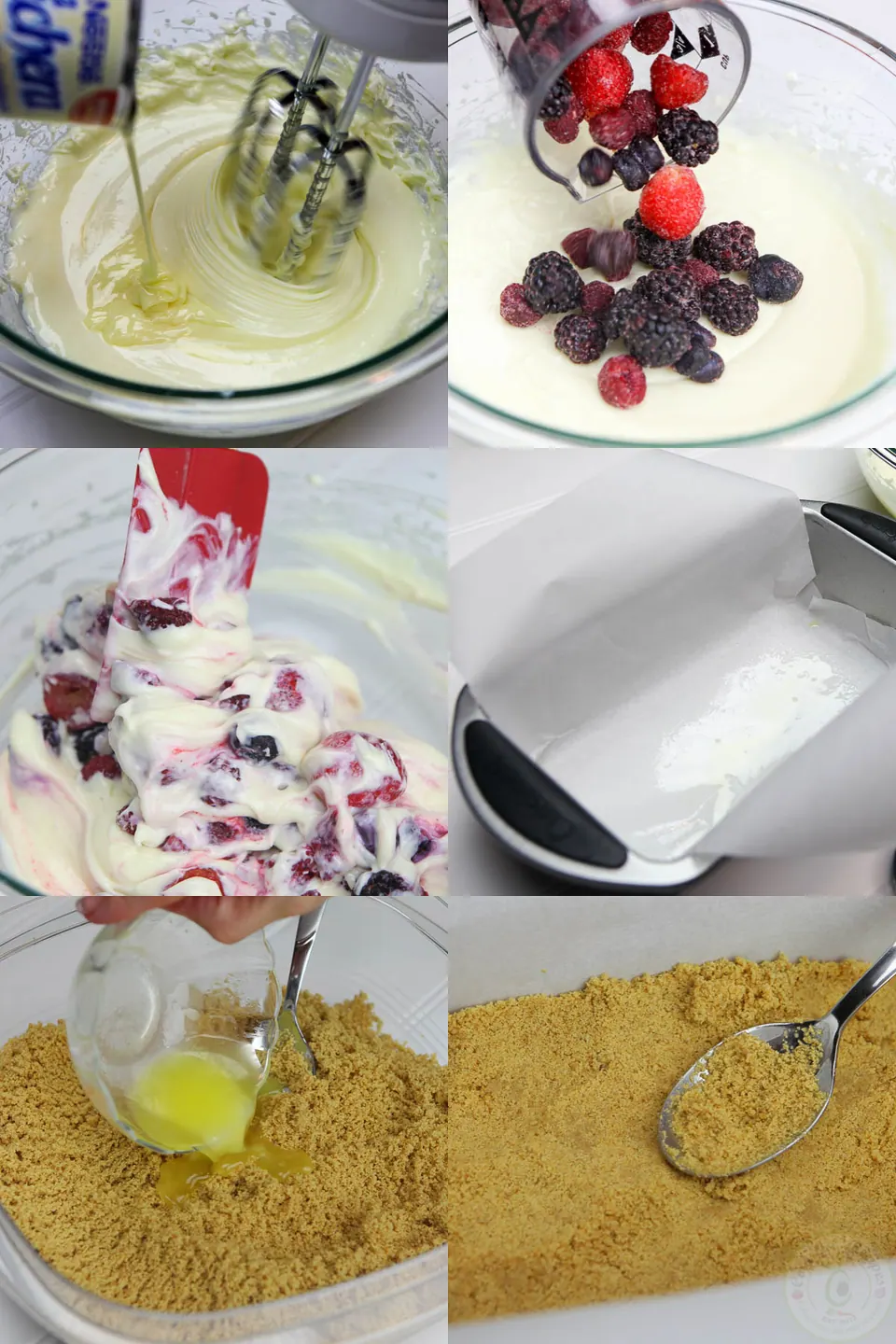 Step-by-step photos of whisking the cheesecake filling, folding in frozen berries and preparing the crust