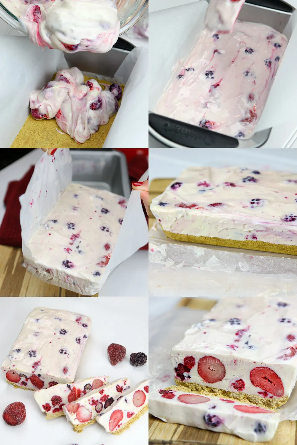 Step-by-step photos of spreading the berry cheesecake in a loaf pan, lifting it out and slicing it