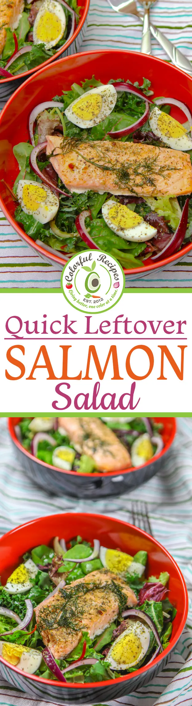 Two bowls of quick leftover salmon salad, Pinterest image