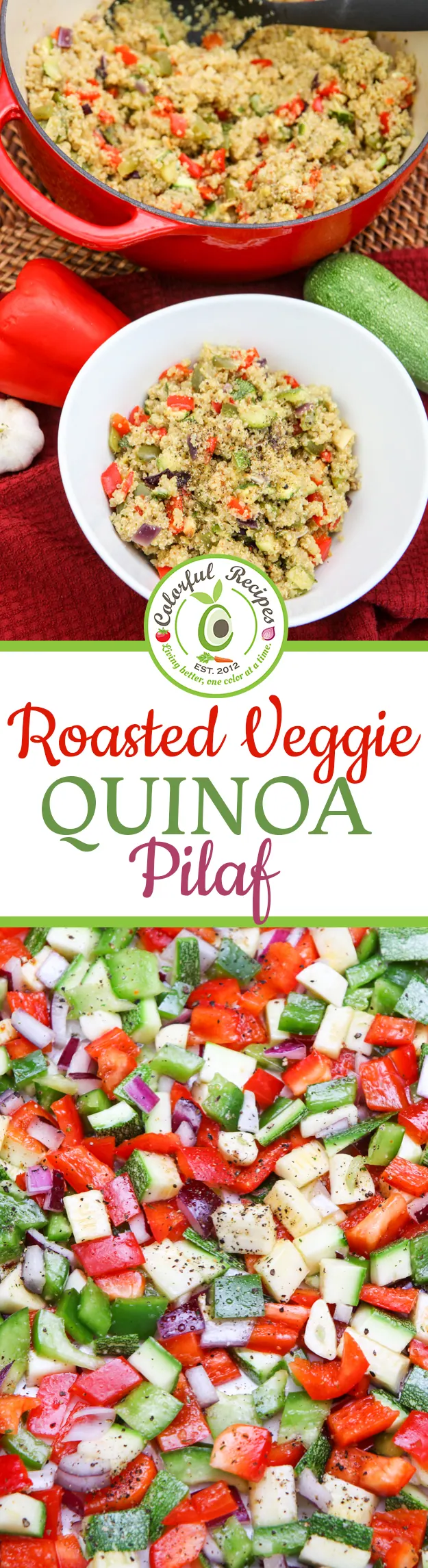 Pinterest graphic for roasted veggie quinoa pilaf