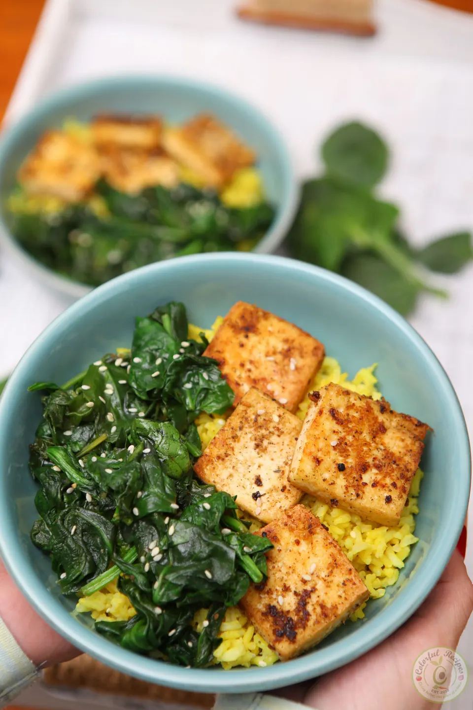 Hands holding a bowl of spinach tofu with turmeric rice
