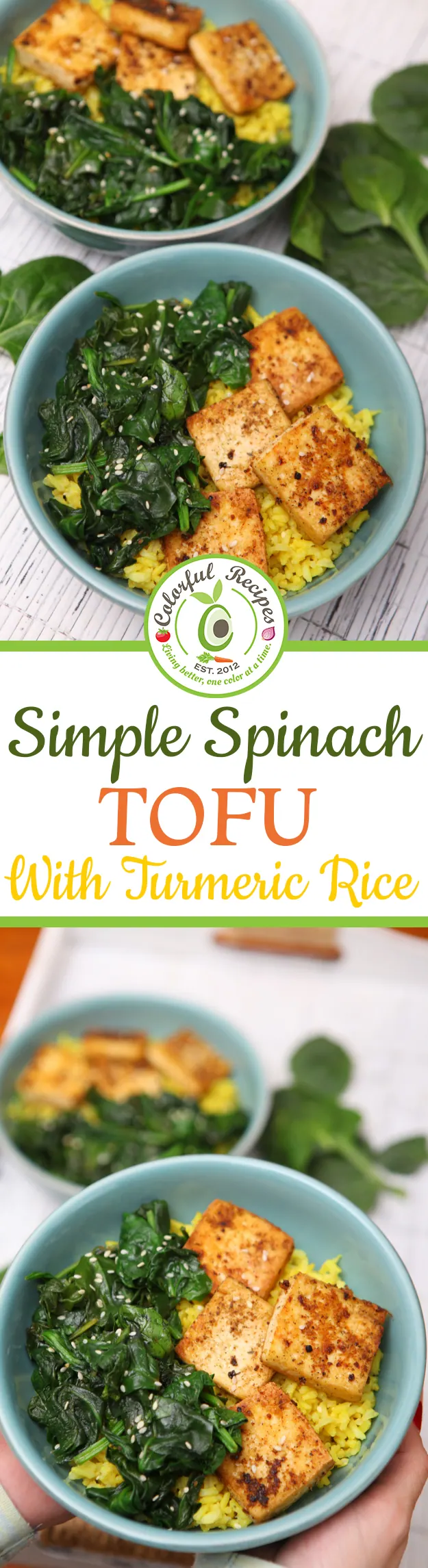 Pinterest image of simple spinach tofu with turmeric rice in a bowl