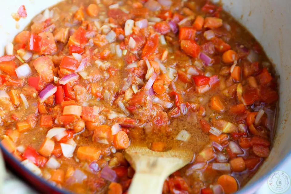 Cooked tomato and vegetable base for crock pot black bean lentil quinoa chili