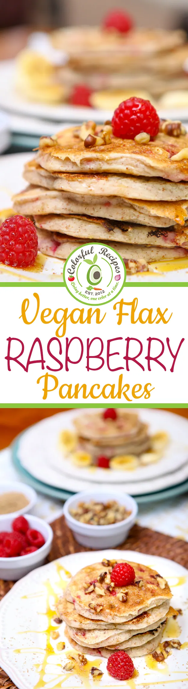 Pinterest graphic for vegan flax raspberry pancakes