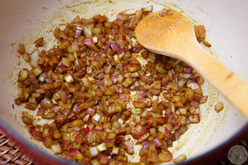 Onion sautéed with cumin and cinnamon for Shorbet Adas