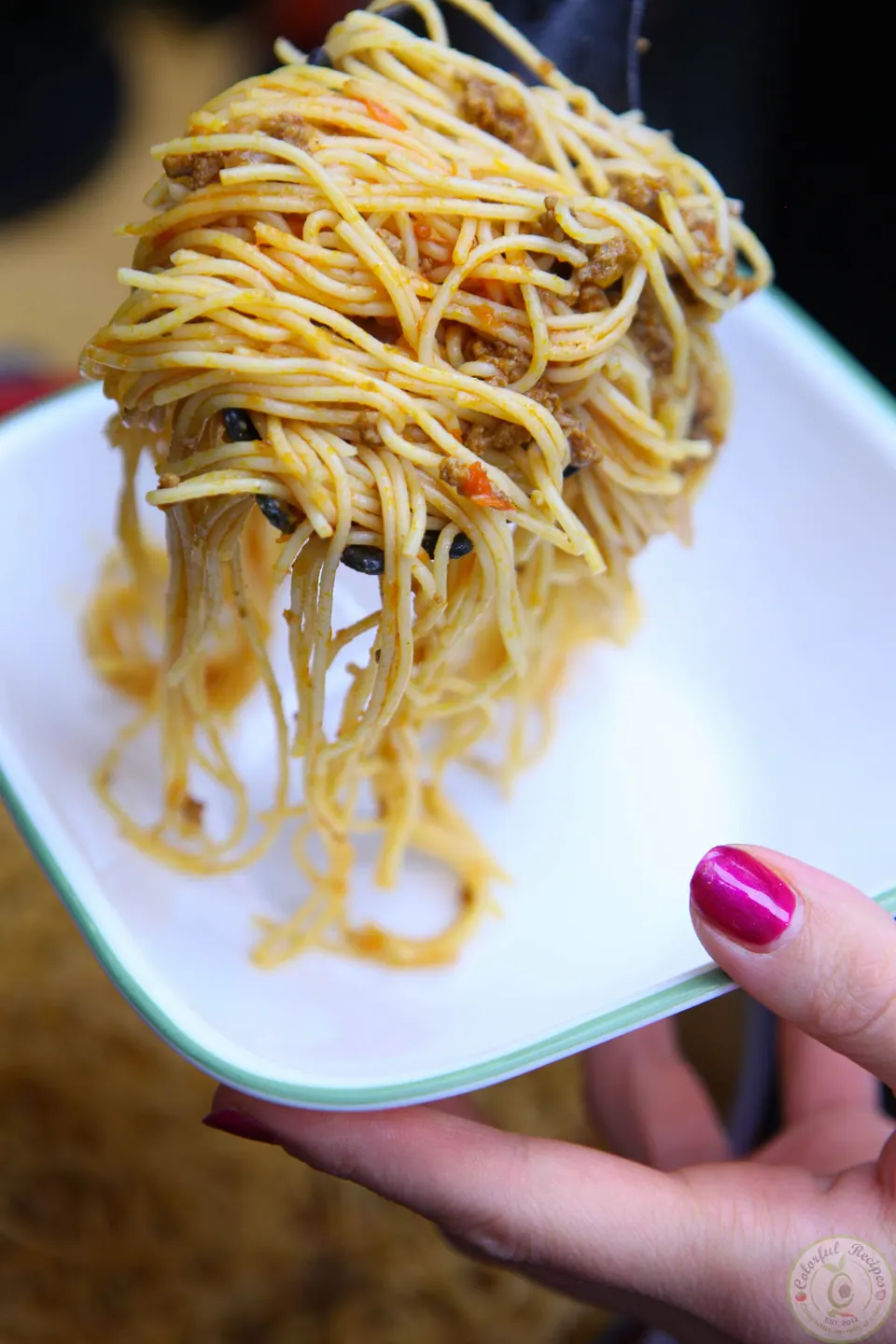 Simple beef spaghetti served in a bowl for grown-ups