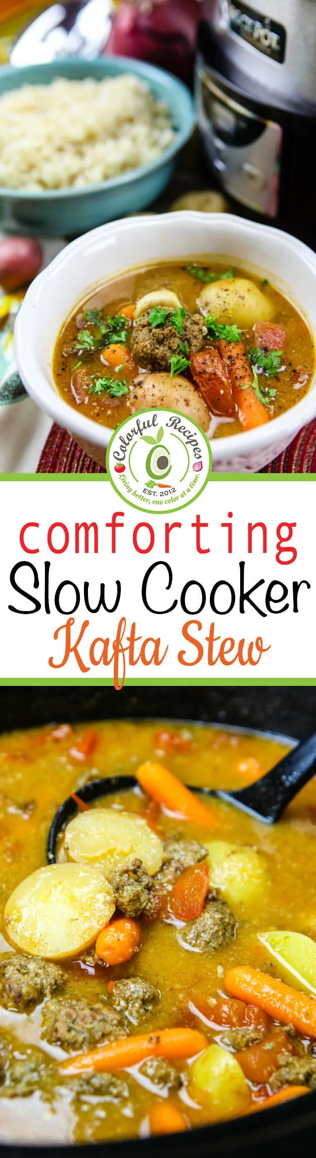 Comforting slow cooker Lebanese kafta stew in a serving bowl