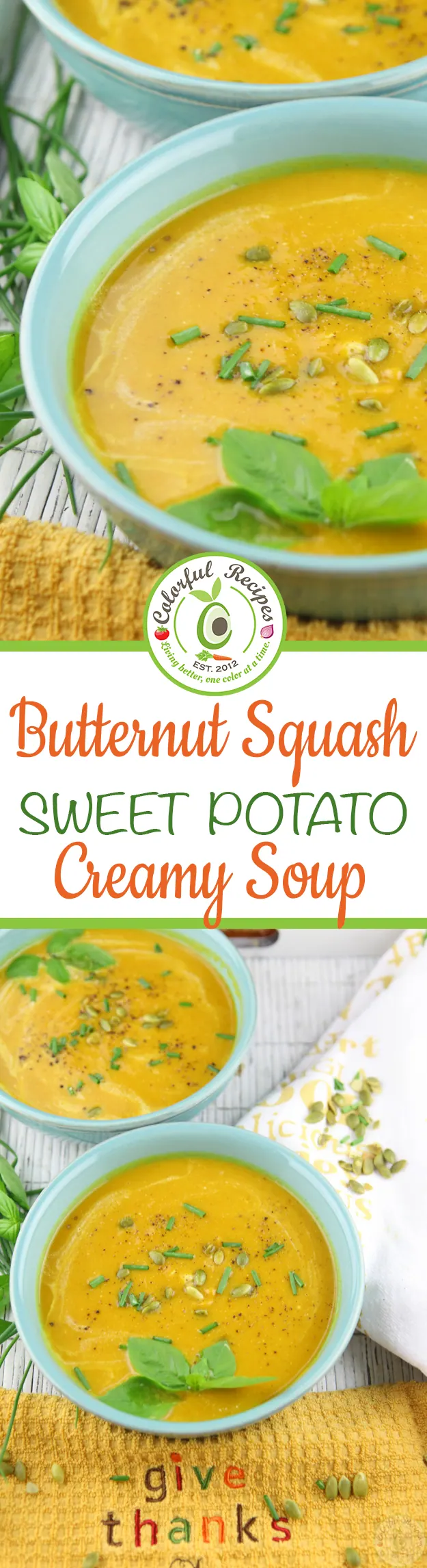 Pinterest graphic for creamy butternut squash sweet potato soup
