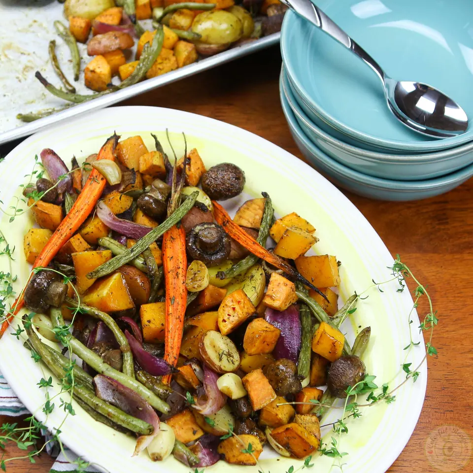 Roasted fall vegetables served as a Thanksgiving side dish