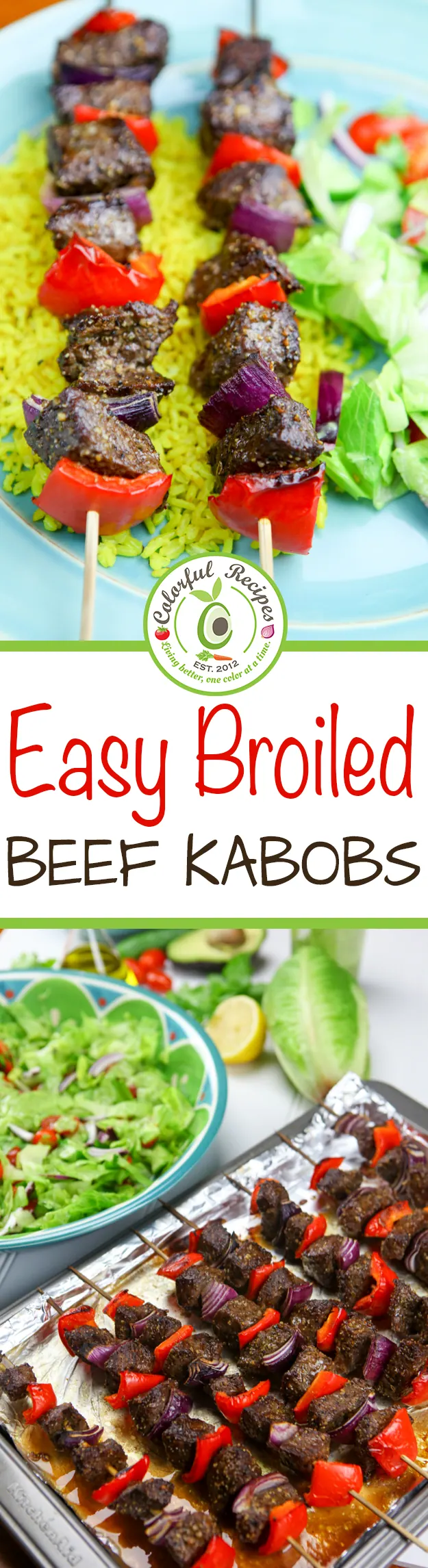 Easy broiled beef kabobs on rice and on a baking sheet
