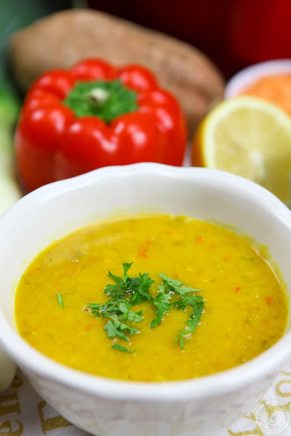 Bowl of creamy detox red lentil veggie soup