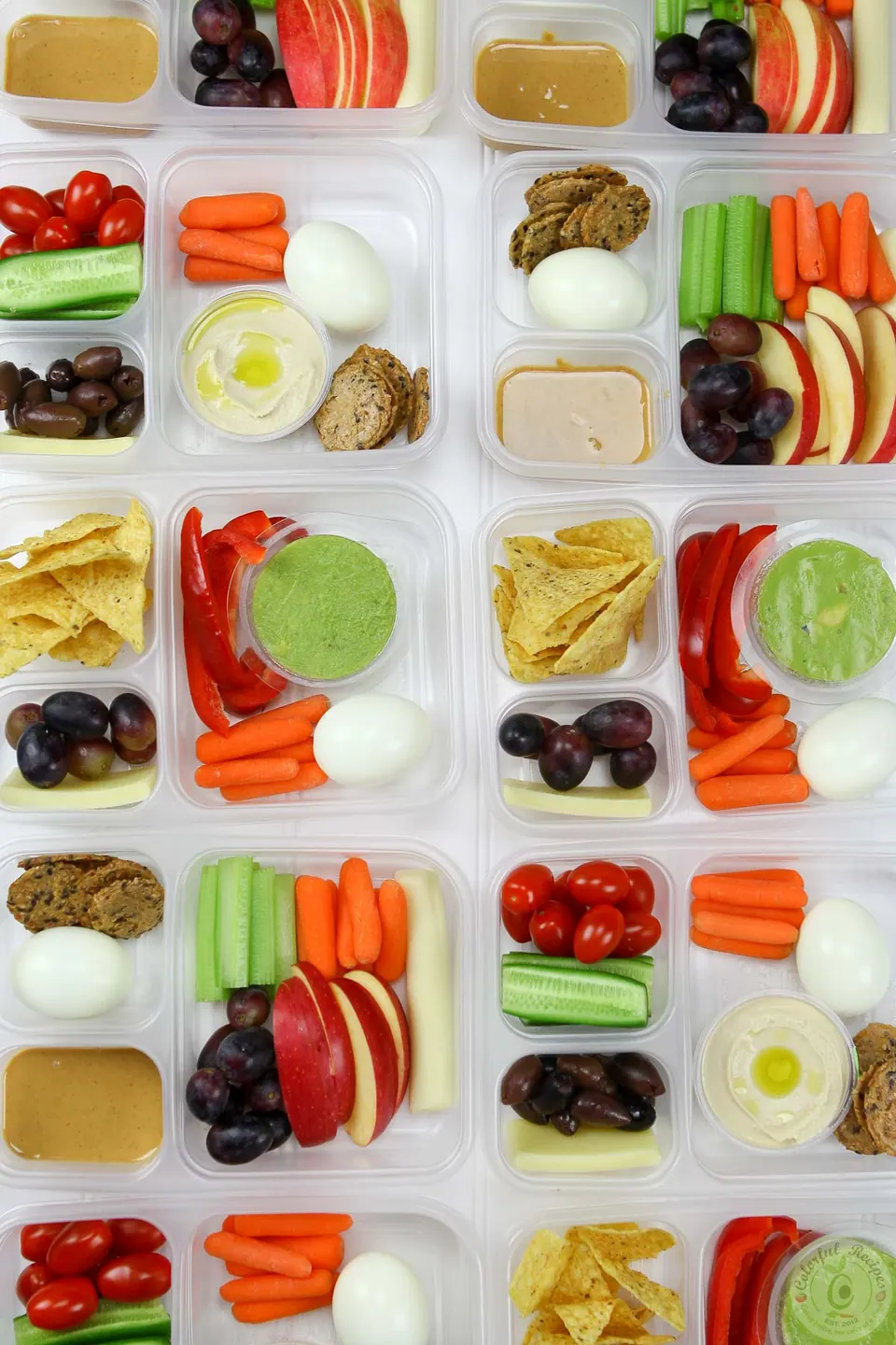 Rows of prepped protein bento snack boxes for the week