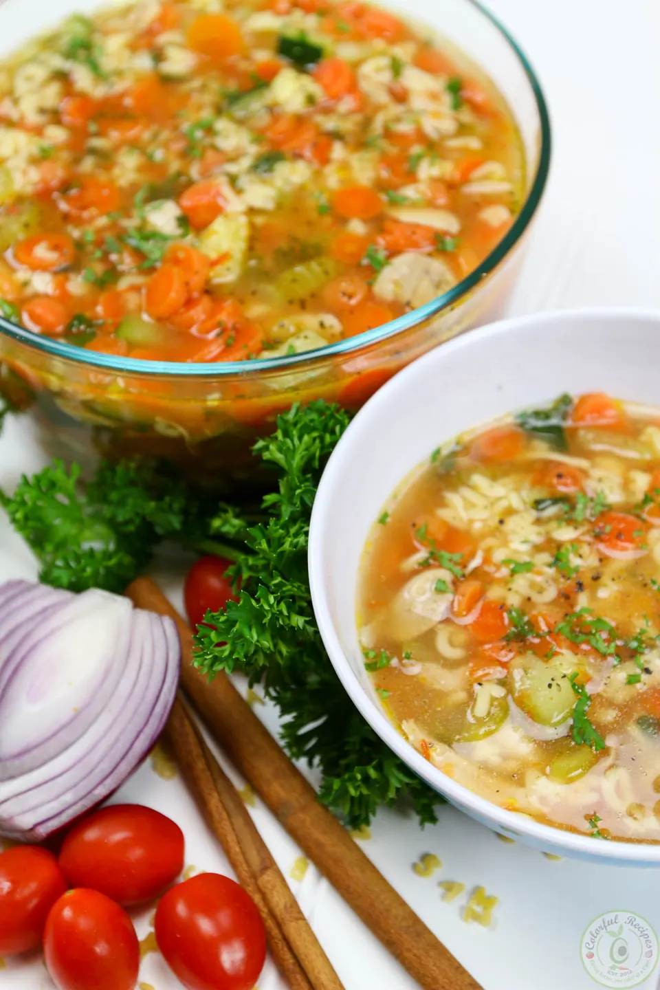 Toddler approved alphabet chicken soup with carrots, zucchini and alphabet pasta