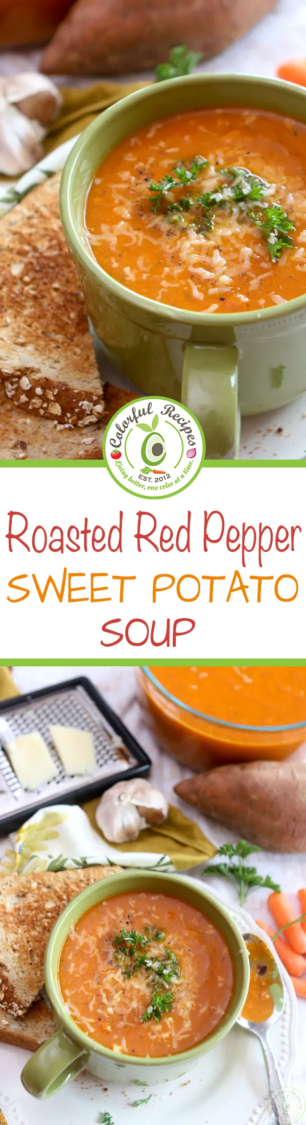Roasted red pepper sweet potato soup, Pinterest image