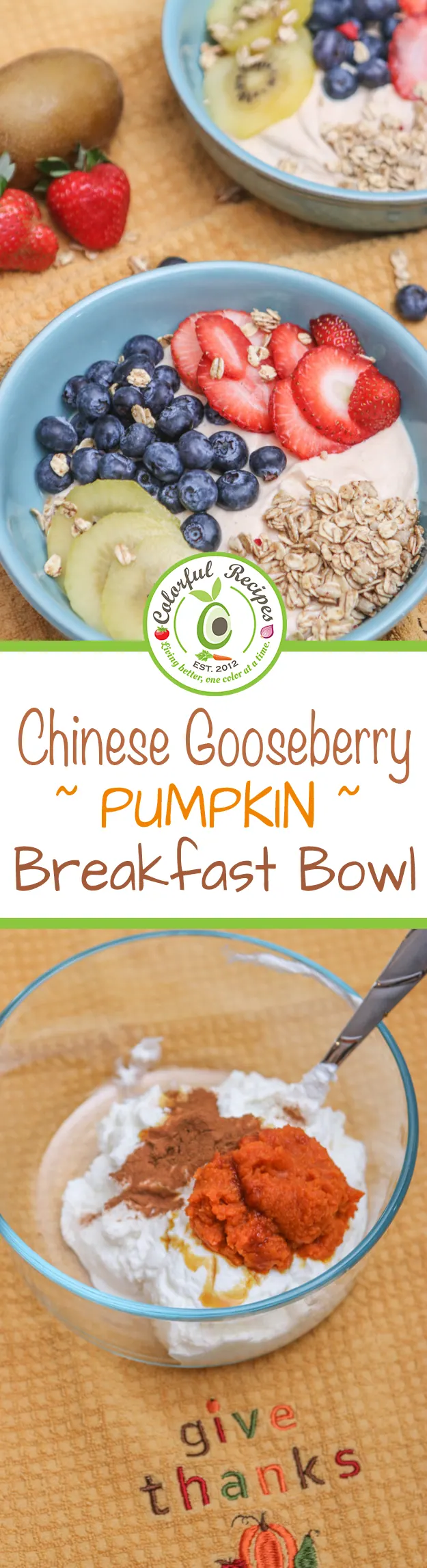 Pinterest graphic for the Chinese gooseberry pumpkin breakfast bowl with pumpkin yogurt and fruit