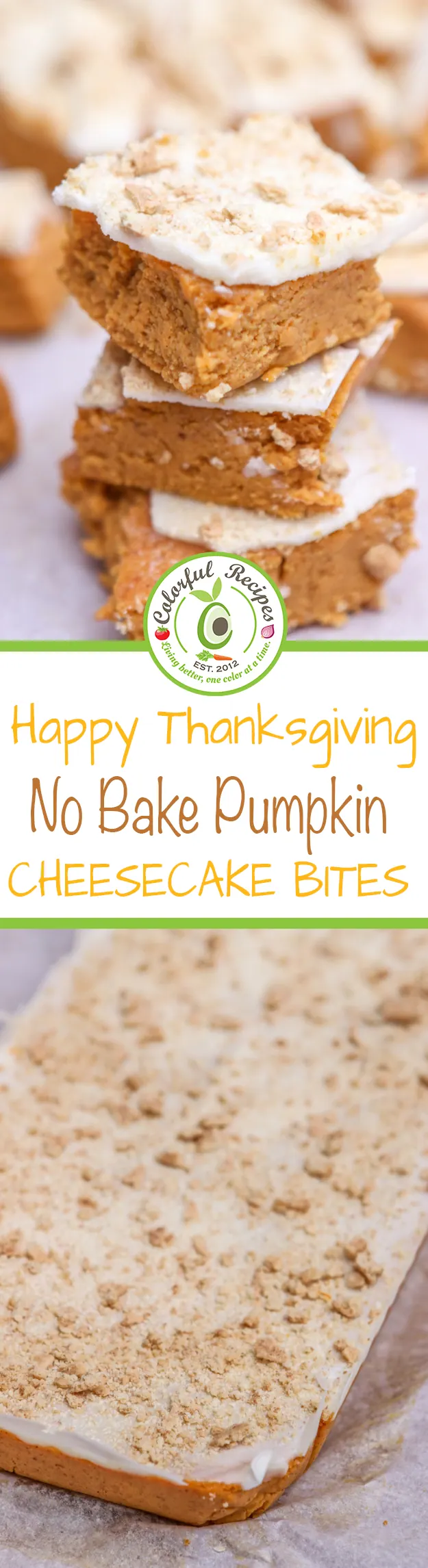 Happy Thanksgiving no bake pumpkin cheesecake bites on a plate