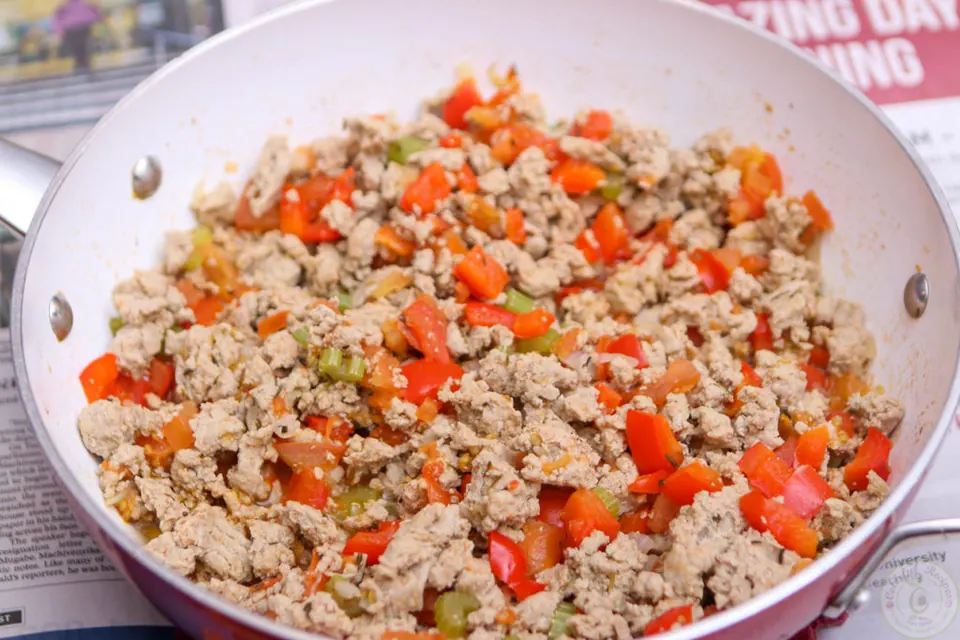 Close-up of sautéed organic ground turkey with tomatoes
