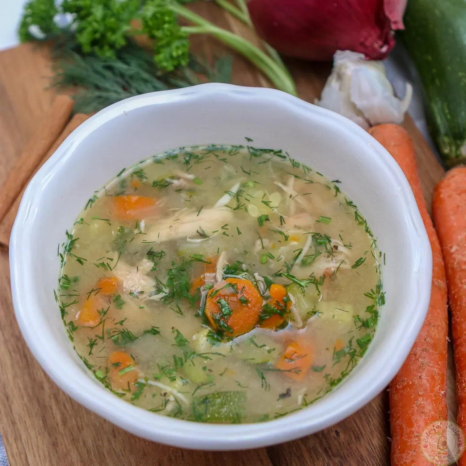 Instant Pot chicken soup with shredded chicken, carrots, zucchini and vermicelli