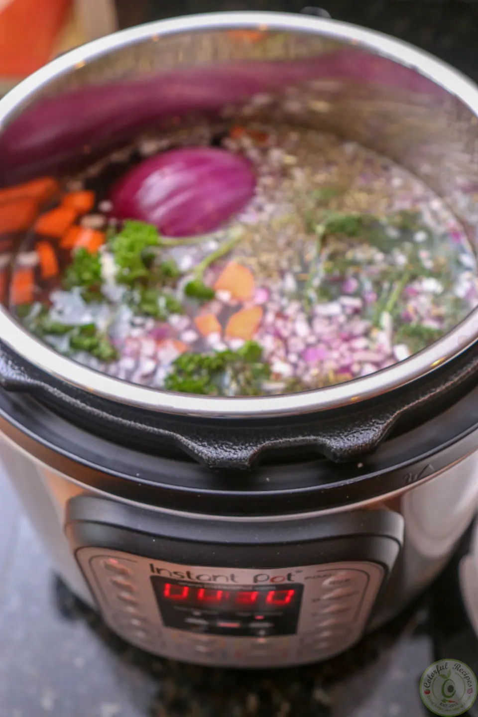 Instant Pot filled with water, chicken, vegetables and herbs for chicken soup from scratch