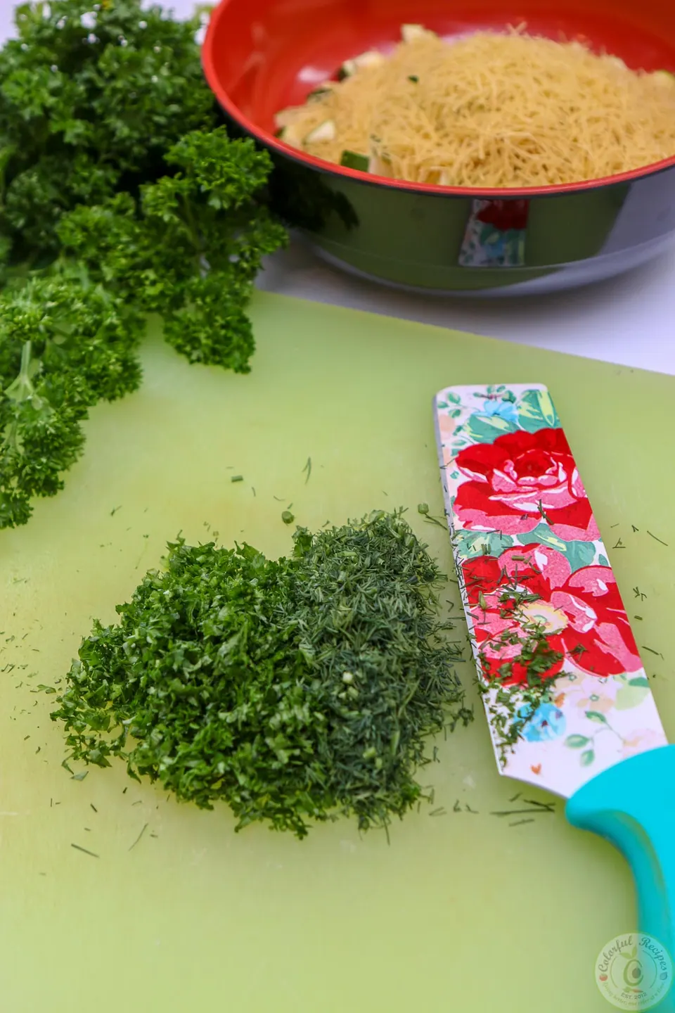 Minced parsley and dill with broken vermicelli for Instant Pot chicken soup