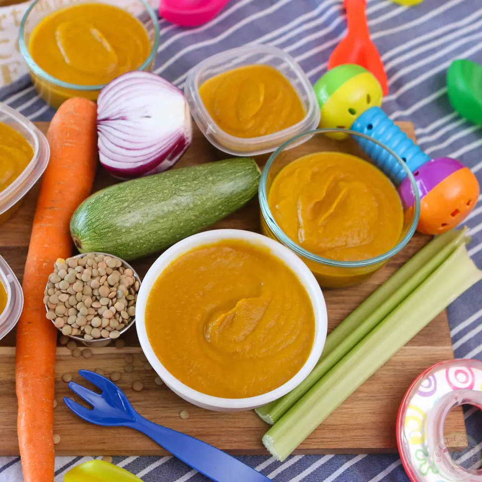 Homemade veggie lentil baby purée with zucchini, carrot, red onion and lentils