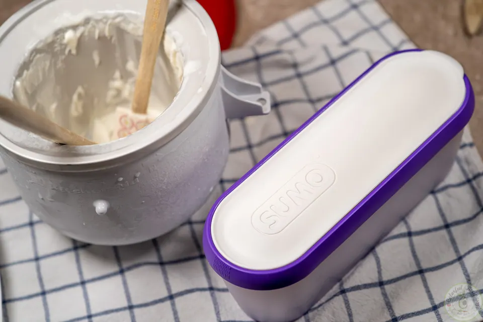 Container of milk ice cream booza ready to freeze