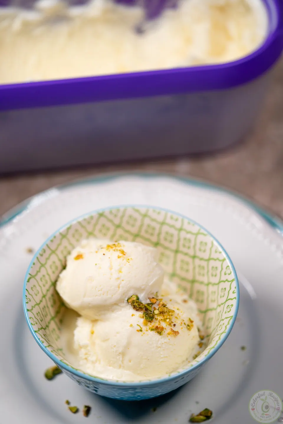 Scoops of milk ice cream booza in a patterned bowl