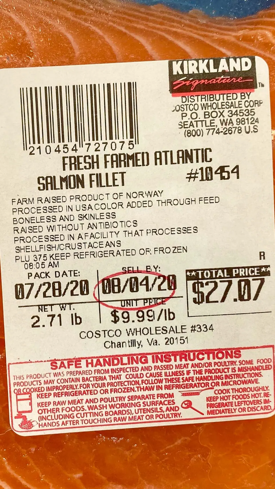 Costco Norway salmon label showing raised without antibiotics