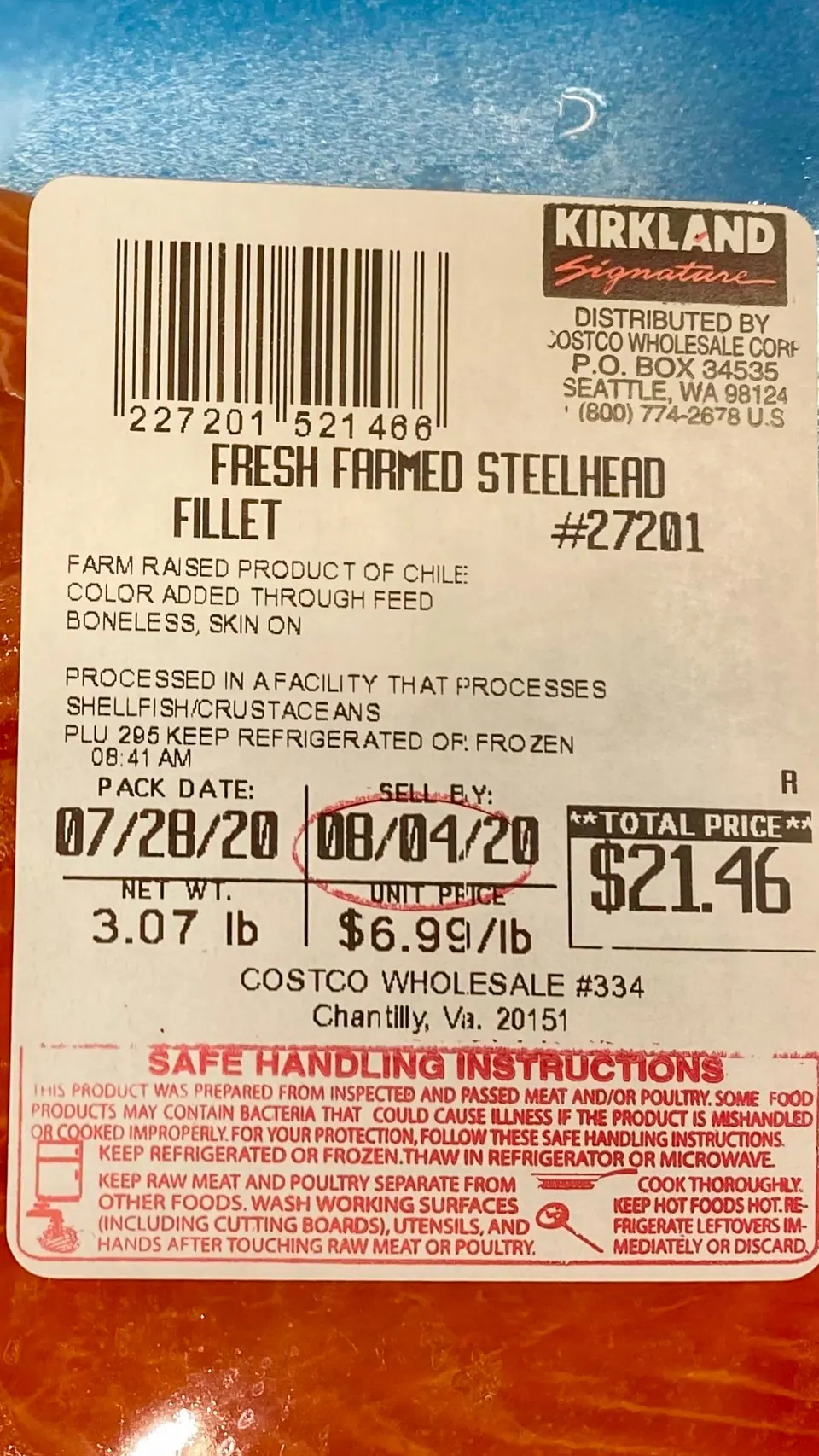 Costco label for the farm-raised fillet from Chile