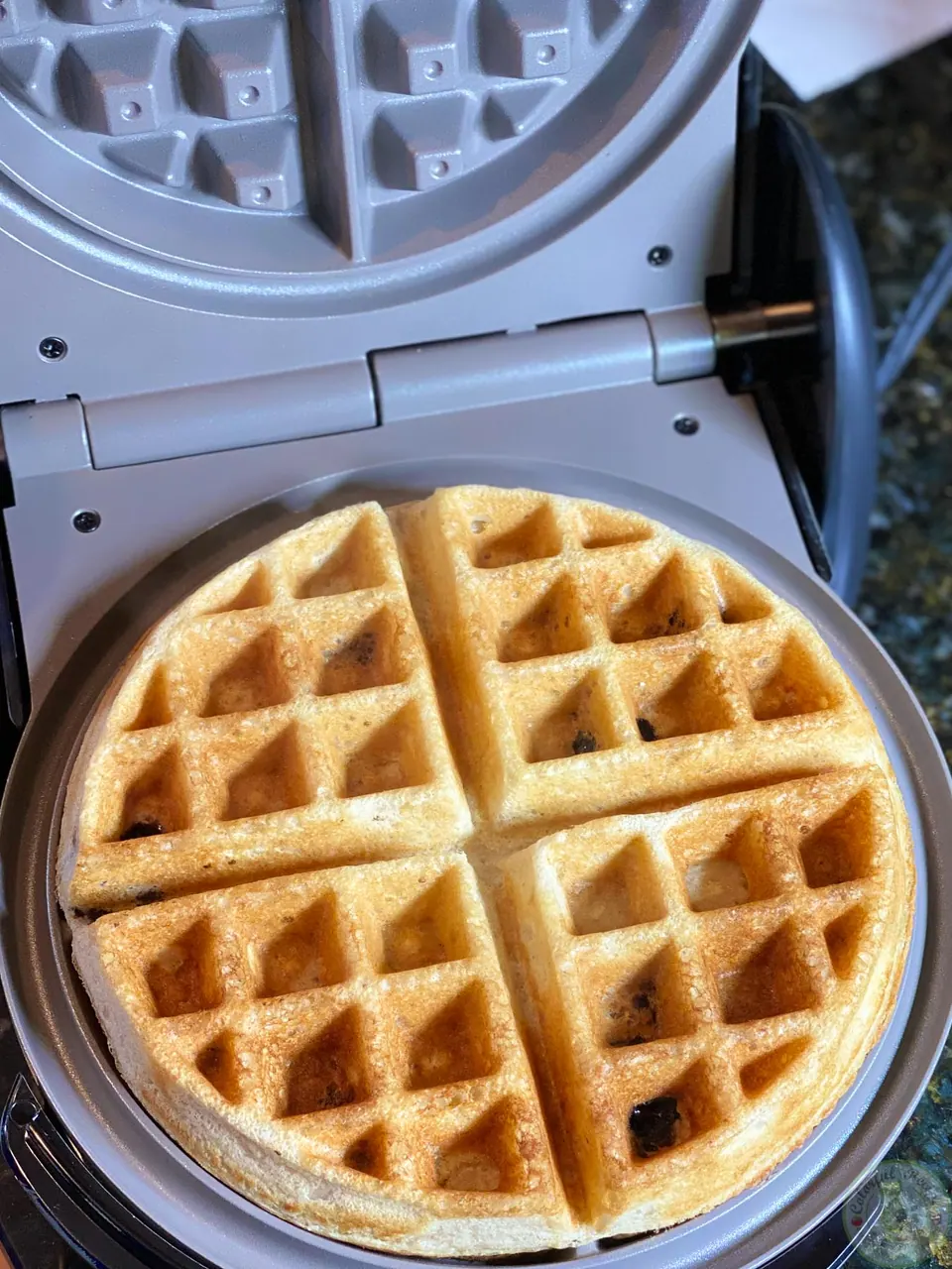 Easy basic blueberry waffle fresh out of the waffle maker