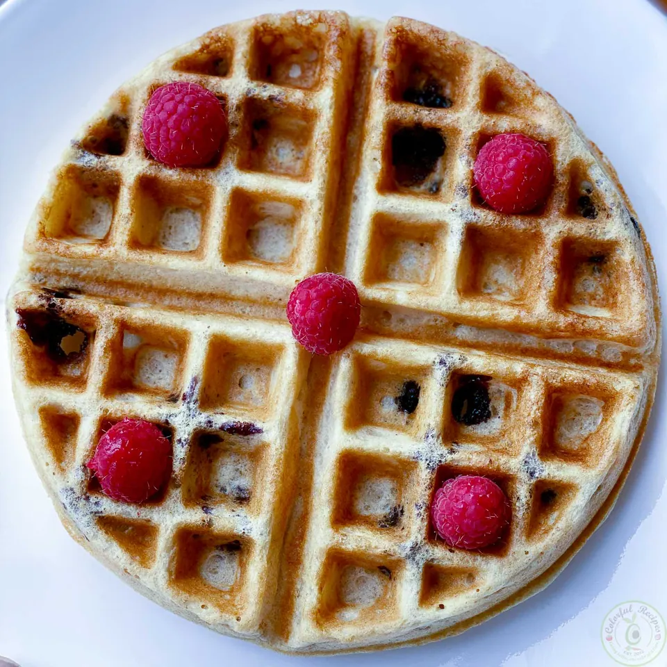 Easy basic waffle made with Kodiak Cakes mix on a plate