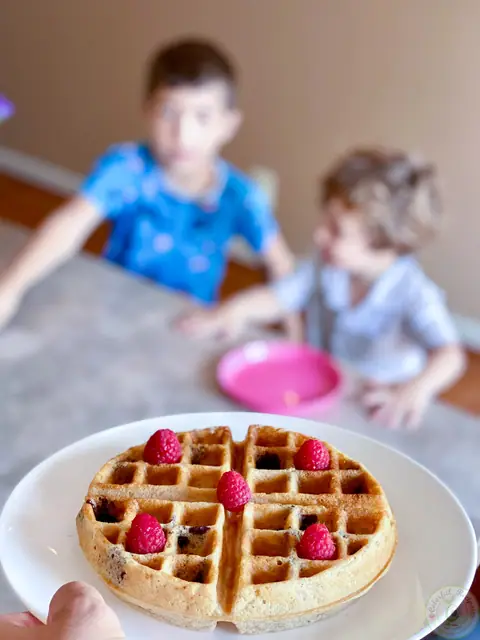 Easy basic blueberry waffle topped with raspberries and blueberries