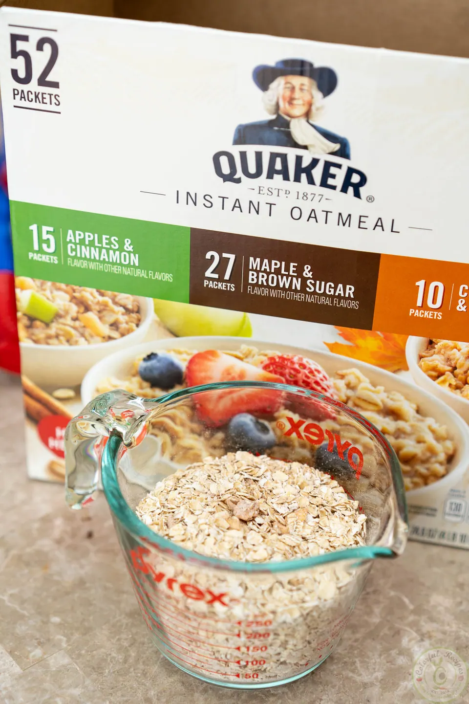 Measuring cup of instant oatmeal for easy oatmeal pancakes