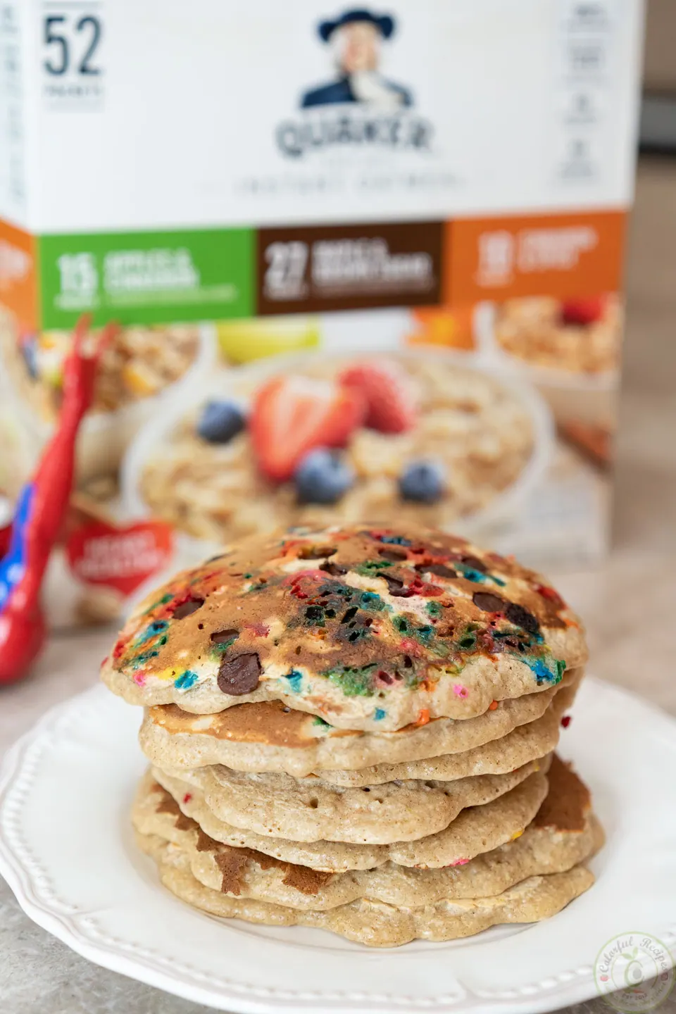 Stack of easy oatmeal pancakes with sprinkles and chocolate chips
