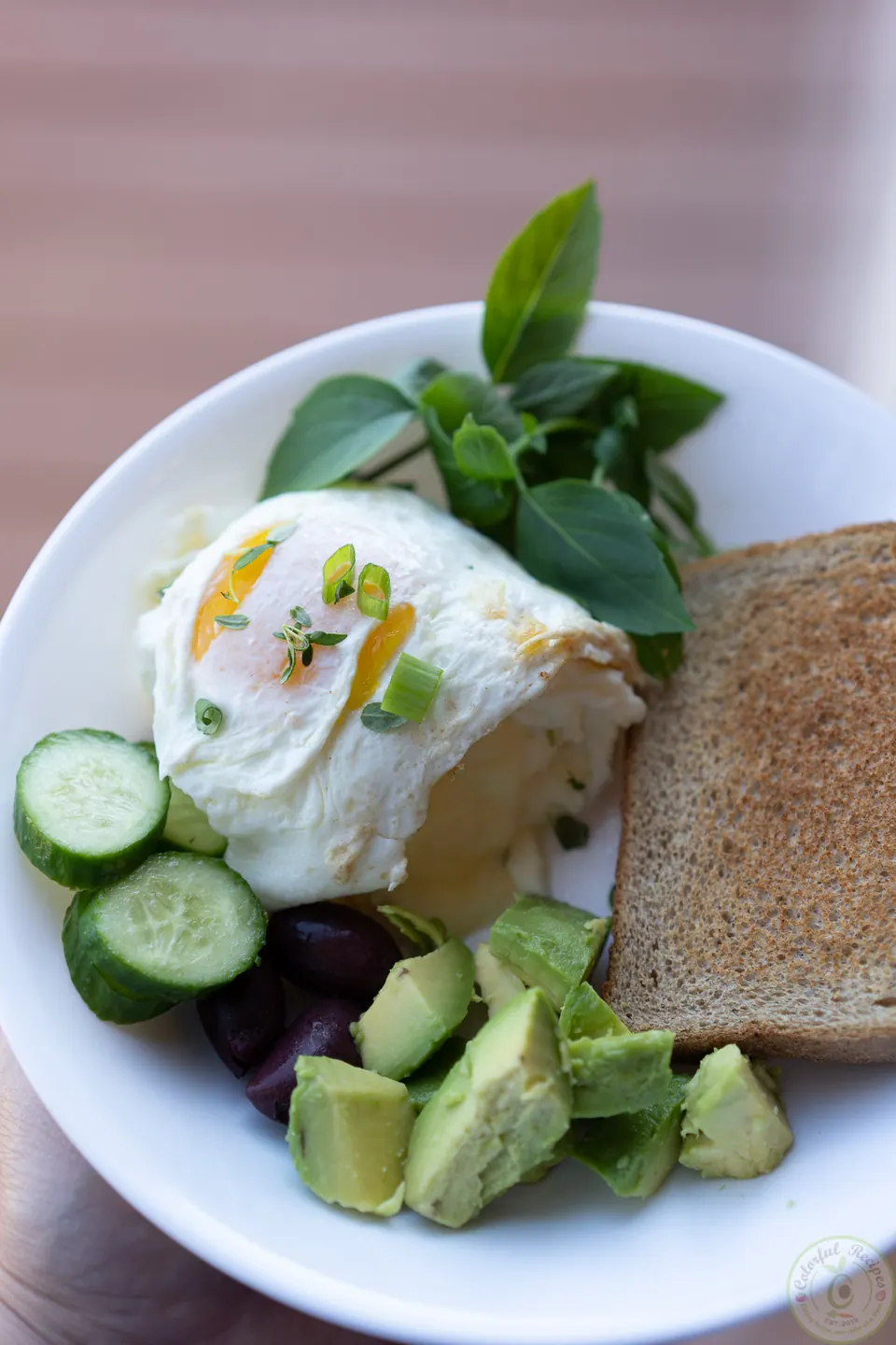 Egg whites breakfast power bowl with Swiss cheese, fried egg, avocado, cucumber, olives and toast